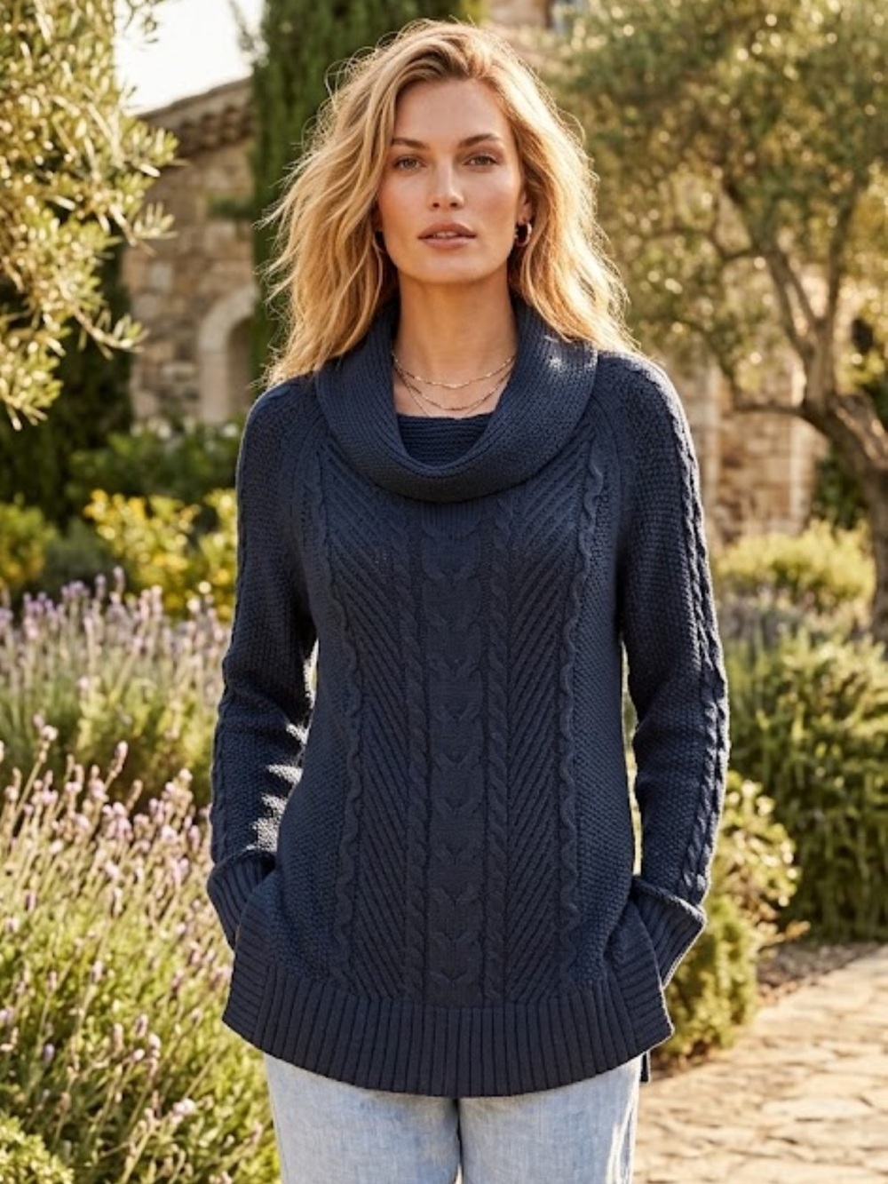 CAbi blue cowl neck cable sweater